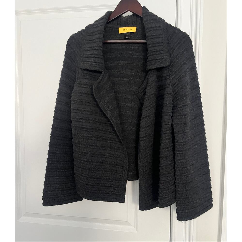St. John Charcoal Grey Ribbed Knit Sweater Jacket Size M wool cashmere